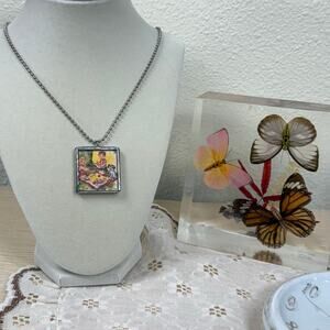 Vintage Teddy Bear Dog Picnic Scene Square Pendant Necklace Whimsy Grunge Retro